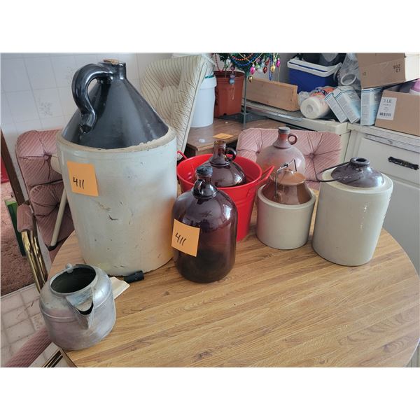 2- Glass whiskey jugs, 3- whiskey ironstone jugs, metal kettle & bucket