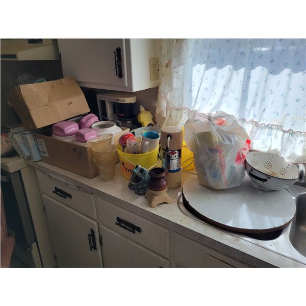 Qty of dishware, canisters, spice containers, thermos, cooler, jar lids, moth balls, etc.