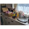 Image 1 : Qty of dishware, canisters, spice containers, thermos, cooler, jar lids, moth balls, etc.