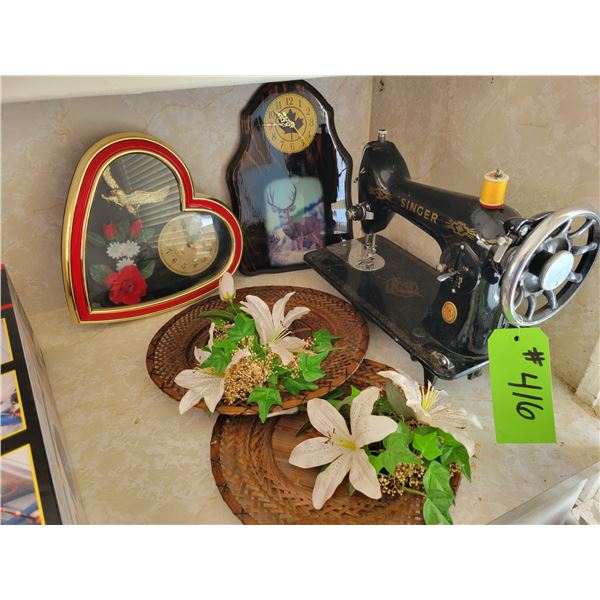Singer sewing machine, 2- wall decors, heart clock & deer clock