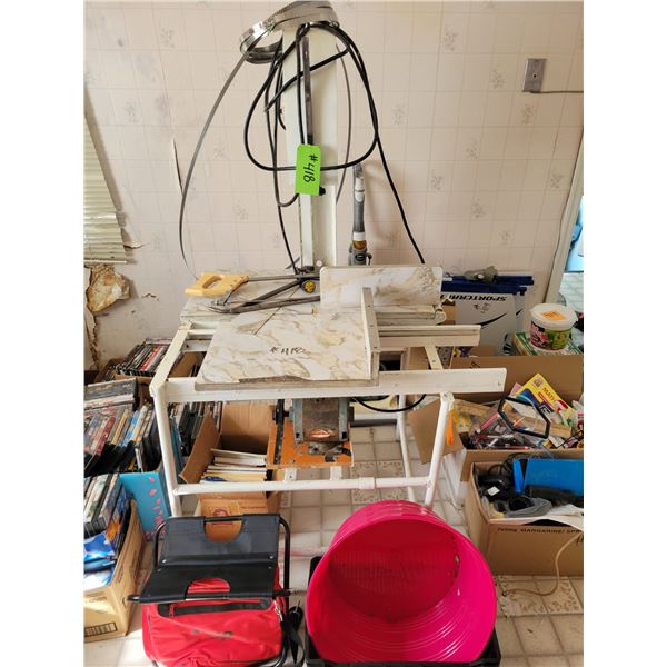 Meat saw, hand saw, books, camping stool, basin & crate