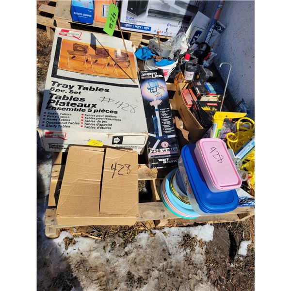 TV trays, as new, halogen trouble light, chalking guns, Tupperware, pasta machine, fishing reel etc.