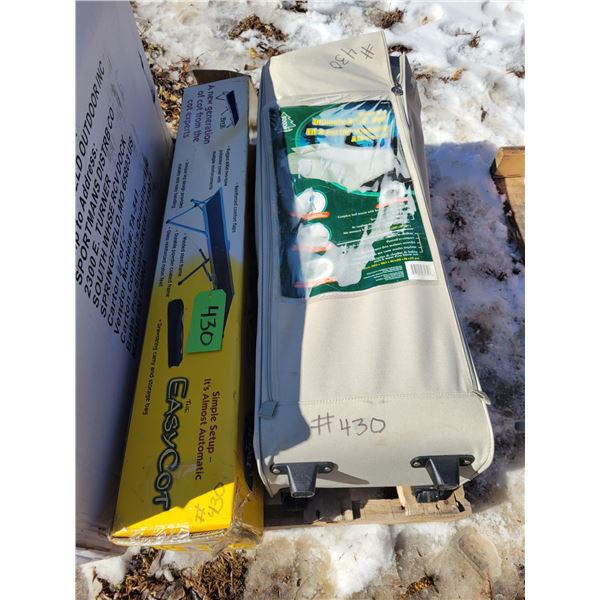 Camping cot c/w carry bag, Blow up bed c/w stand