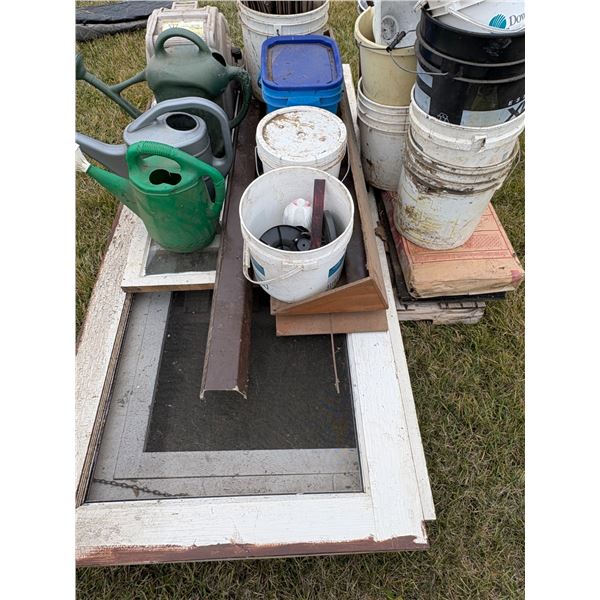 1- Lot of doors, watering cans, various pails, bolts & hose reel