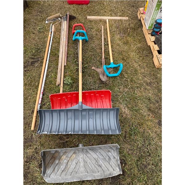 1- Lot of snow shovels, handles, ext. paint roller, hose and misc.