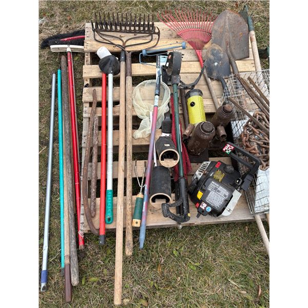 Hyd, jack, rakes, shovels, traps, chain saw (needs repair) and misc.