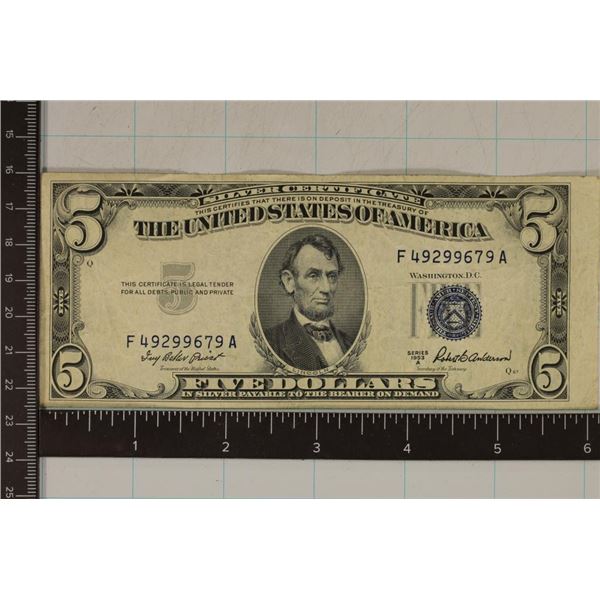 ERROR 1953-A US $5 SILVER CERTIFICATE LARGE