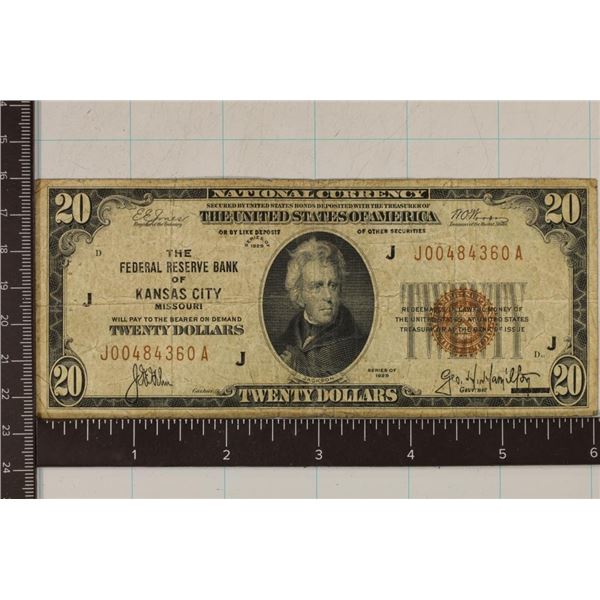 1929 US $20 NATIONAL CURRENCY BROWN SEAL RESERVE