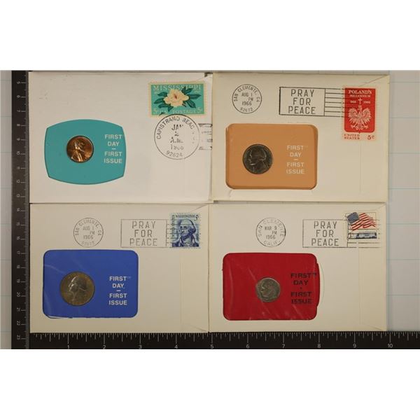 4-US COINS IN FDC'S: 1966 WASHINGTON QUARTER