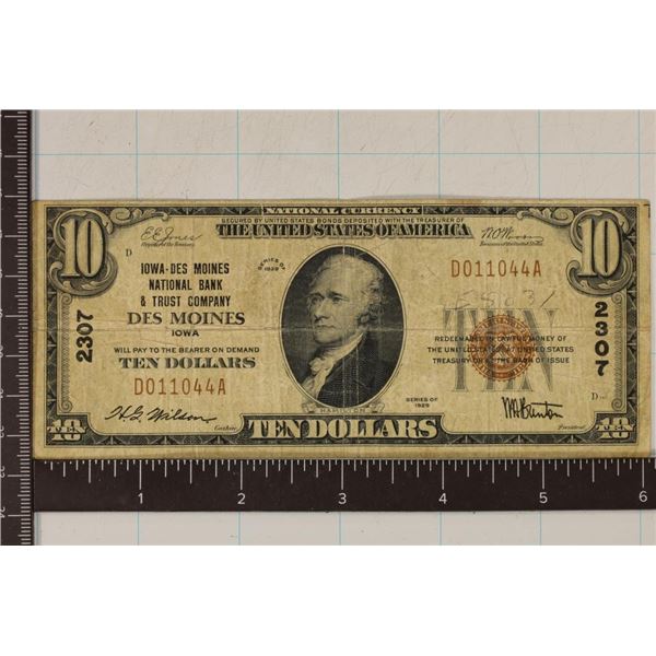 1929 US $10 NATIONAL CURRENCY DES MOINES, IOWA