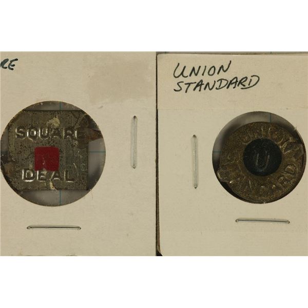 2 VINTAGE METAL TOBACCO TAGS SQUARE DEAL AND UNION