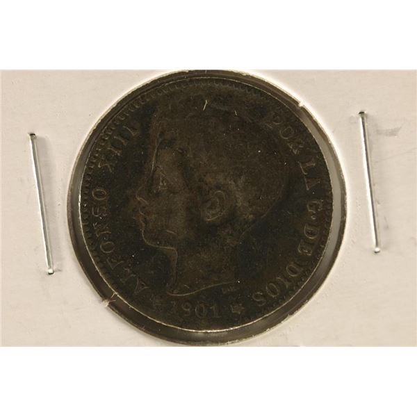 1901 SPAIN SILVER 1 PESETA .1342 OZ. ASW