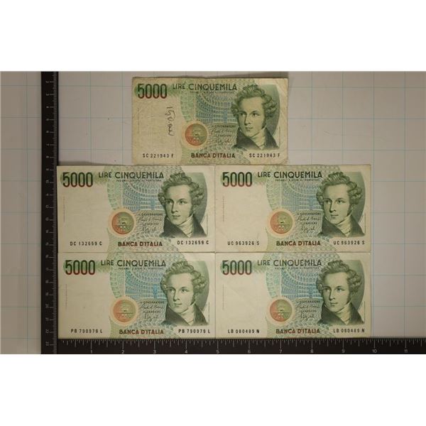 5-5000 ITALIAN 5000 LIRE BILLS ONE HAS INK ON THE