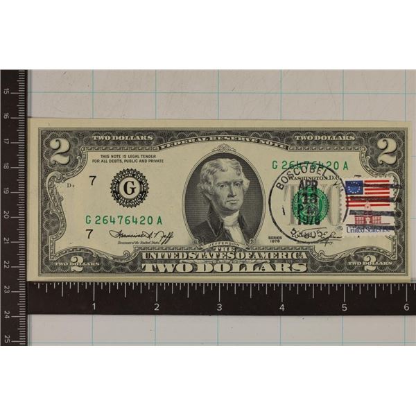 1976 CRISP UNC US $2 BILL WITH CANCELLED STAMP