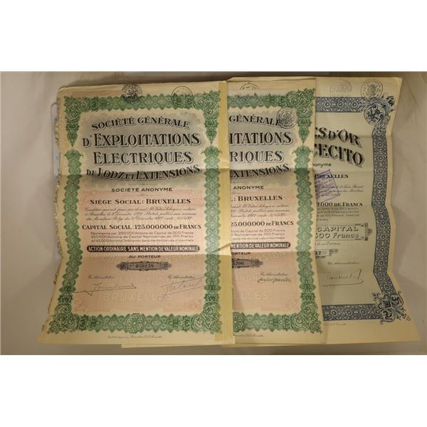 3-VINTAGE FRANCE STOCK CERTIFICATES FROM 1927