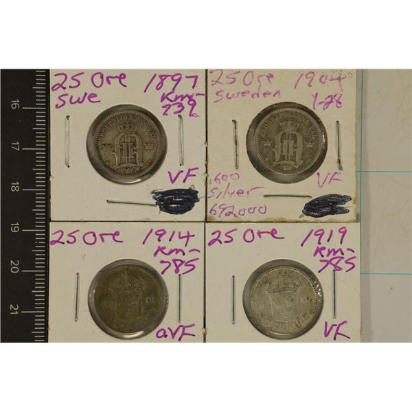 1897, 1904, 1914 & 1919 SWEDEN SILVER 25 ORE .1868