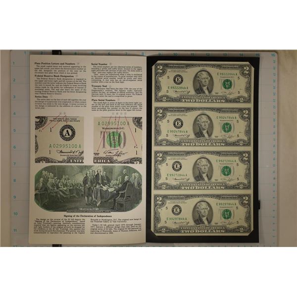 UNCUT SHEET OF 4-1976 CU US $2 GREEN SEAL BILLS