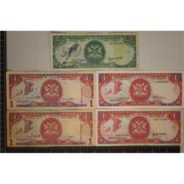 5 TRINIDAD AND TOBAGO BILLS: 4-$1 & 1-$5 TWO OF
