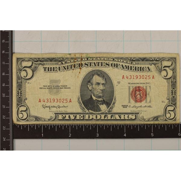 1963 US $5 RED SEAL NOTE SOME STAINS AS SHOWN