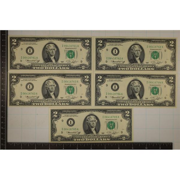 5-1976 US $2 BILLS ALL CONSECUTIVE SERIAL NUMBERS