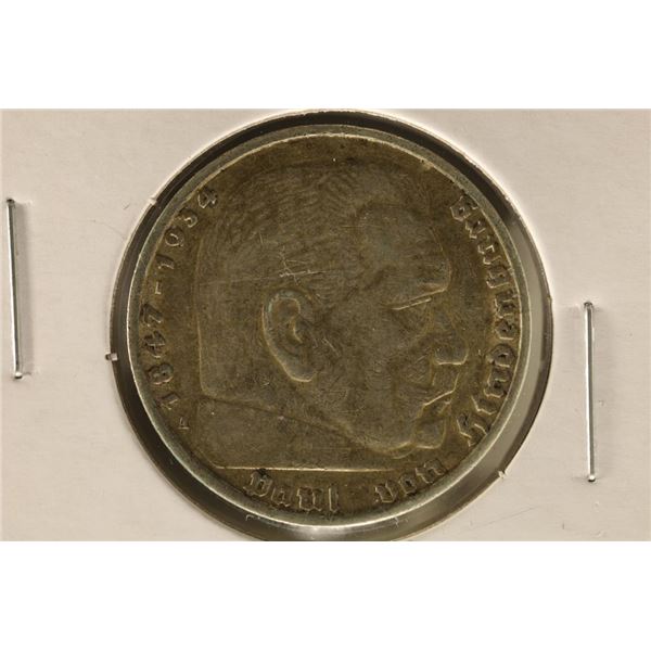 1936-A GERMAN SILVER 5 MARK .4016 OZ. ASW