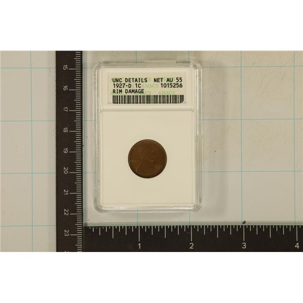 1927-D LINCOLN CENT RIM DAMAGE UNC DETAILS NET