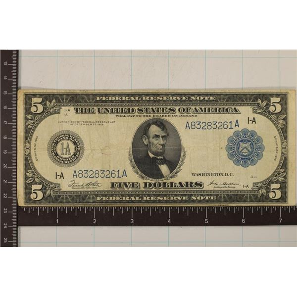 1914 LARGE SIZE US $5 FRN BLUE SEAL HORSEBLANKET