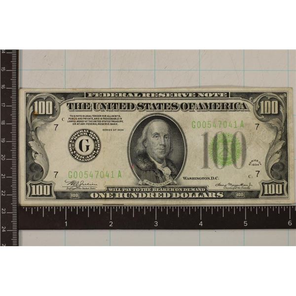 1934 US $100 FRN GREEN SEAL BETTER SHAPE WITH
