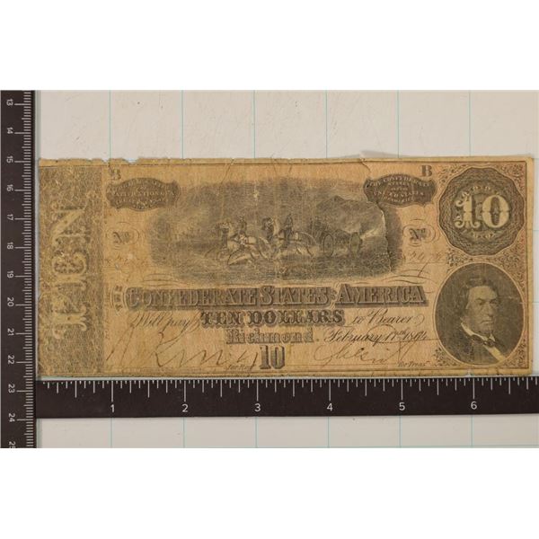 1864 CONFEDERATE STATES OF AMERICA $10 BILL RIPPED