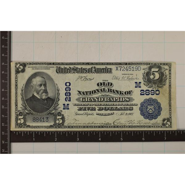 SERIES 1902 LARGE SIZE US $5 NATIONAL CURRENCY