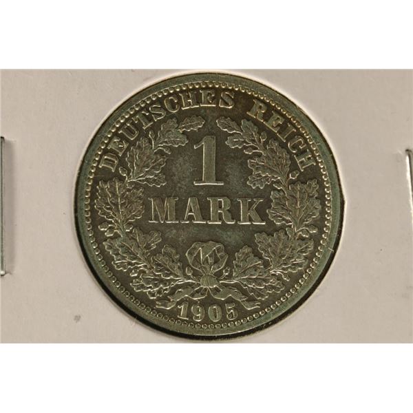 1905-D GERMAN SILVER 1 MARK EXTRA FINE/ AU