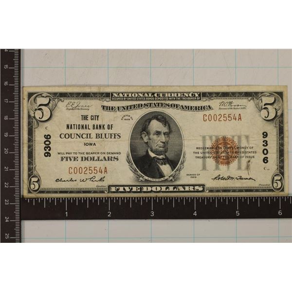 1929 US $5 NATIONAL CURRENCY FROM COUNCIL BLUFFS