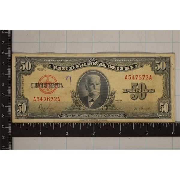 1950 CUBA 50 PESO BILL "CALIXTO INIGUEZ" INK #