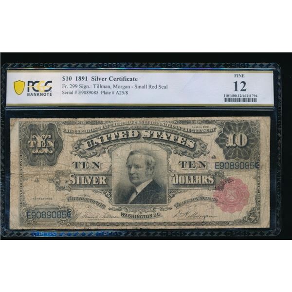 1891 $10 Tombstone Silver Certificate PCGS 12