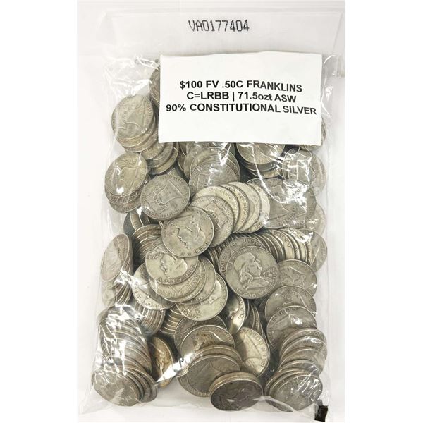 $100 Face 90% Silver Franklin Half Dollars (200-coins)