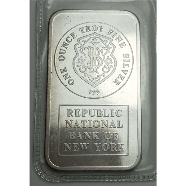 Republic National Bank Of New York 1 ozt .999 Silver Bar