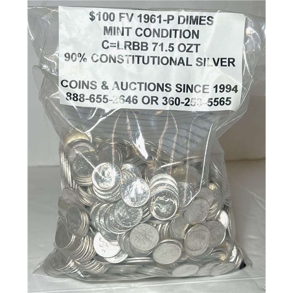 $100 FV Mint Condition 1961 Roosevelt 90% Silver Dimes (1,000-coins)