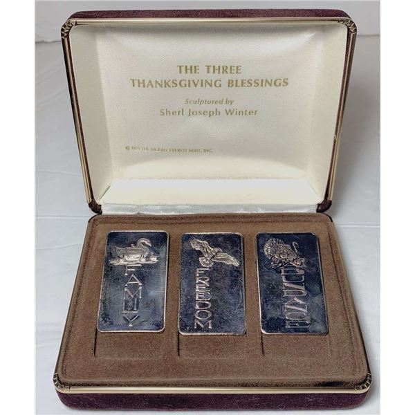 Rare! 1973 "The Three Thanksgiving Blessings" 1 ozt .999 Silver Bar Set (3-bars)