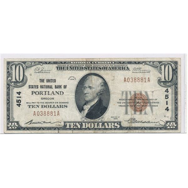 The United States National Bank Of Portland, Oregon $10 Note