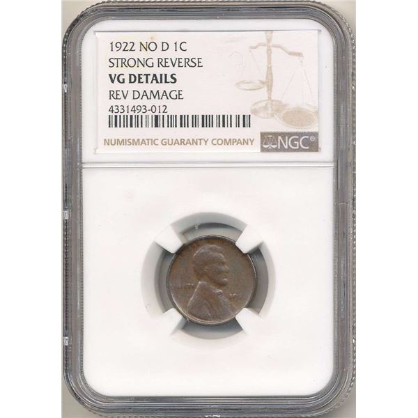 1922 No "D" Lincoln Cent Strong Reverse NGC VG Details
