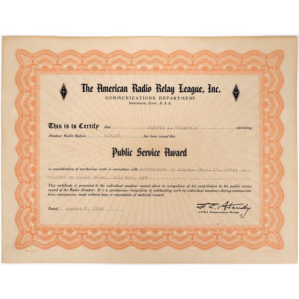 American Radio Relay League Award Cert 1964 [157898]