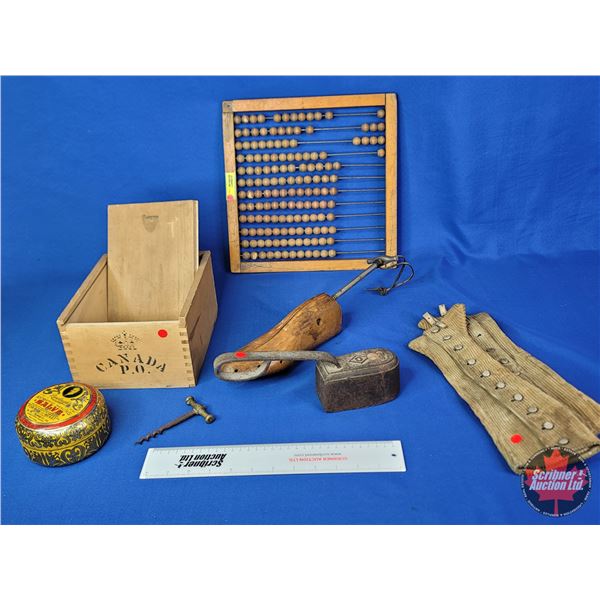 Collector Combo: Abacus, Rawleighs Tin, Canada Post Box, Shoe Stretcher, Cork Screw, etc (Box Measur