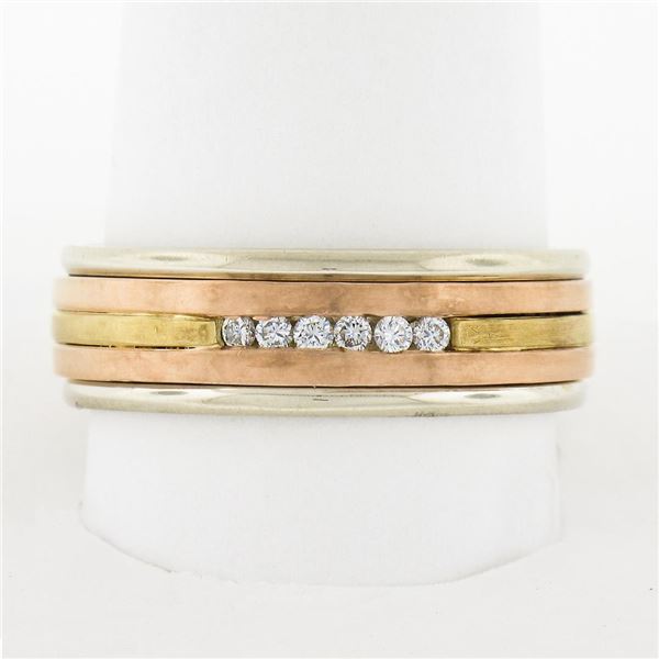 Vintage Mens 14k Multi Tone Gold 0.10 ctw Channel Set Diamond Grooved Band Ring