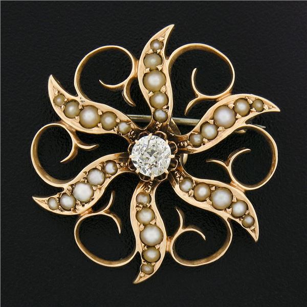 Antique Victorian 14k Gold 0.25 ctw Diamond & Seed Pearl Flower Pin Brooch Penda