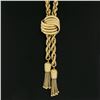 Image 4 : 14K Yellow Gold Long Rope Chain Textured Knot Slide Dual Tassel Lariat Necklace