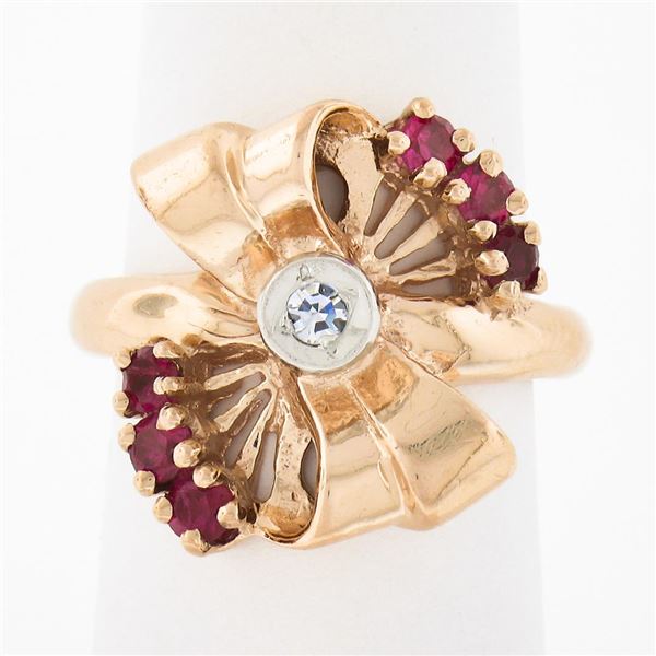 Vintage Retro 14K Rose Gold Old Cut Diamond & Red Stone Polished Bow Ribbon Ring