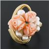 Image 2 : Vintage 14K Gold Carved Angel Skin Coral Pearl Rose Flower Bouquet Cocktail Ring