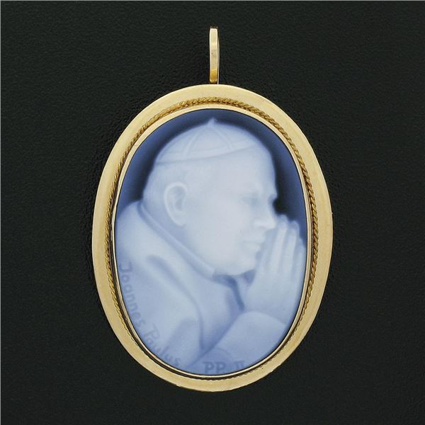 Vintage 18K Gold Carved Pope John Paul II Hardstone Cameo Pendant Brooch Pin
