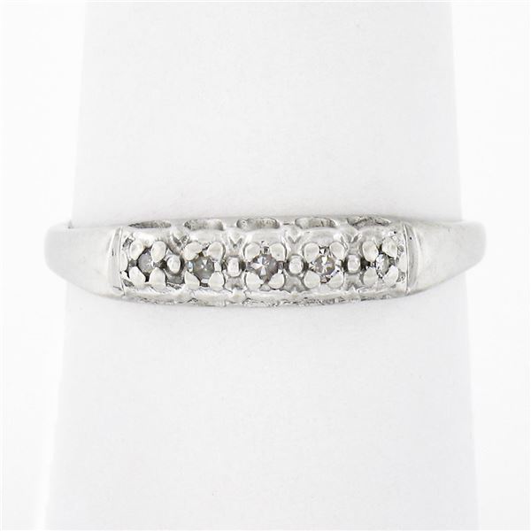 Vintage 18k White Gold 0.05 ctw Round Pave Diamond Stackable Wedding Band Ring