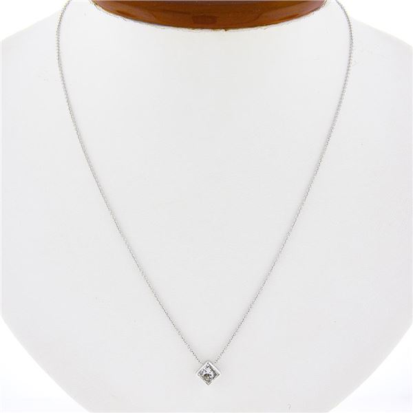 NEW 14k White Gold 0.59 ctw Princess Cut Bezel Diamond Solitaire Pendant Necklac